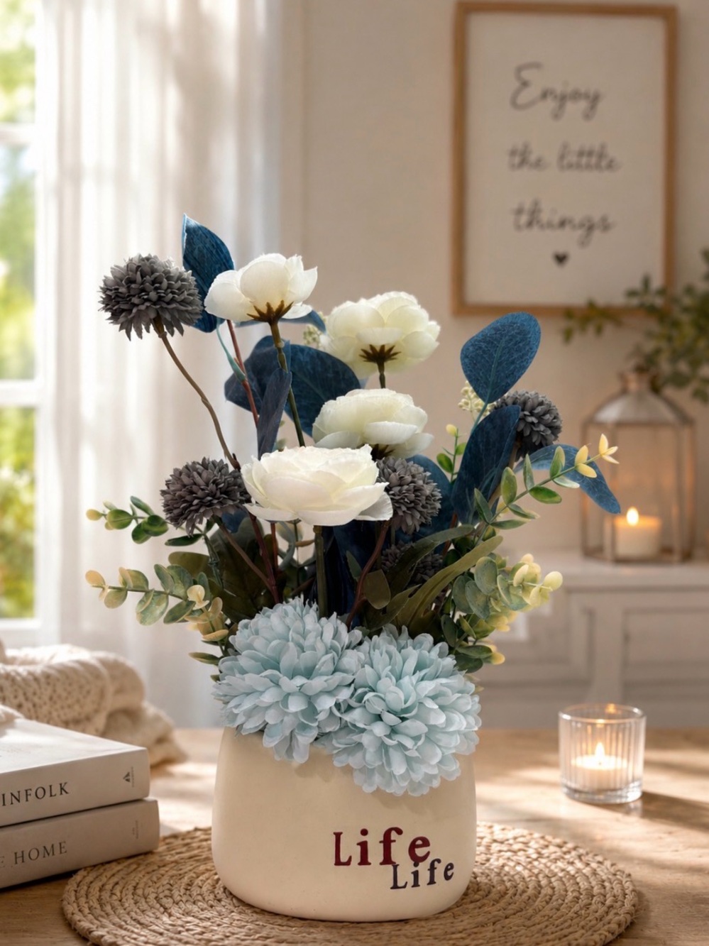 🪻’Life Life’ White and Blue Faux Floral Arrangement 🌻